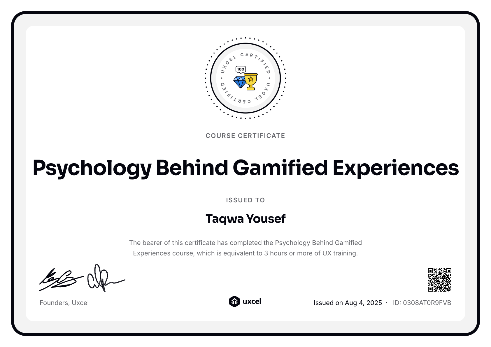 Taqwa Yousef's certificate